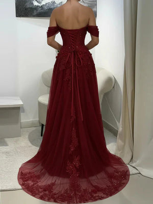 A-line Off-the-Shoulder Appliques Lace Sweep Train Tulle Corset Prom Dress