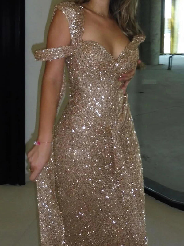 Sheath One-Shoulder Sequin Floor-Length Prom Dress