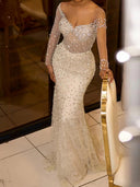 Sheath Illusion Long Sleeves Beading Sweep Train Tulle Corset Prom Dress