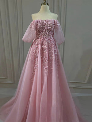 A-line Off-the-Shoulder 1/2 Sleeves Flower Floor-Length Tulle Corset Prom Dress