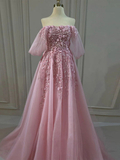 A-line Off-the-Shoulder 1/2 Sleeves Flower Floor-Length Tulle Corset Prom Dress
