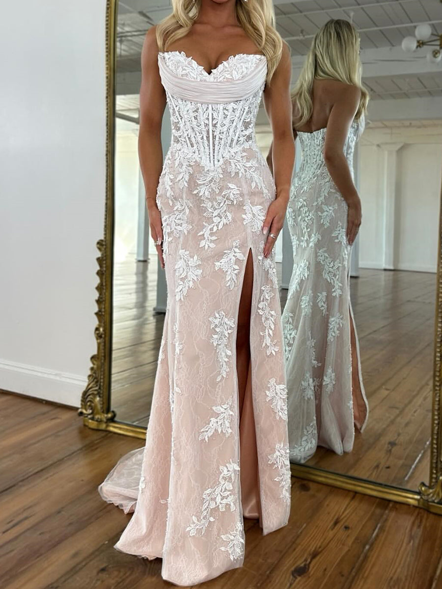 Sheath Sweetheart Appliques Lace Sweep Train Tulle Corset Prom Dress