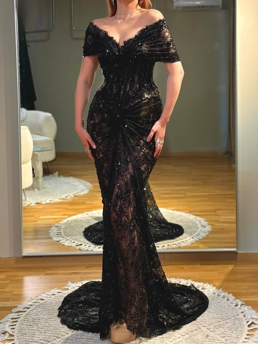 Mermaid Off-the-Shoulder Appliques Lace Sweep Train Lace Corset Prom Dress