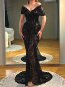 Mermaid Off-the-Shoulder Appliques Lace Sweep Train Lace Corset Prom Dress