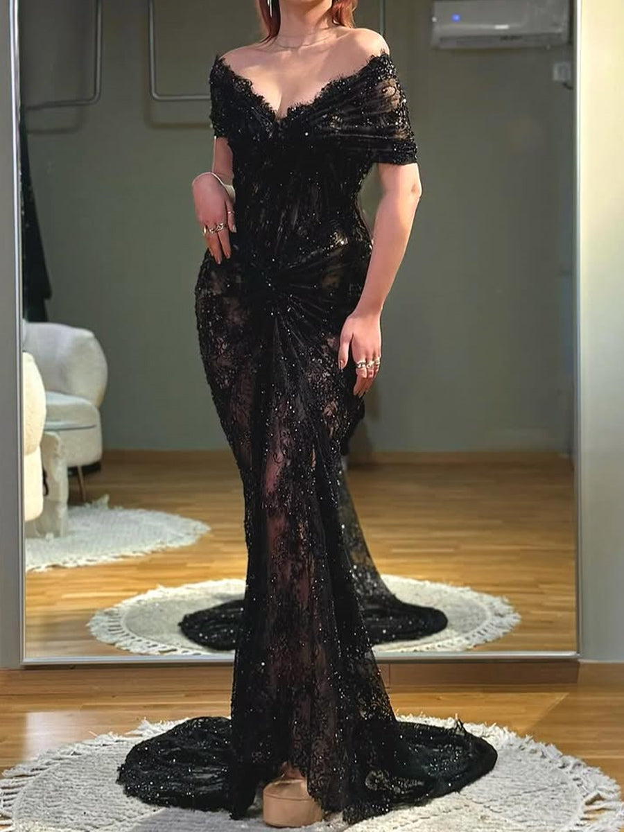 Mermaid Off-the-Shoulder Appliques Lace Sweep Train Lace Corset Prom Dress