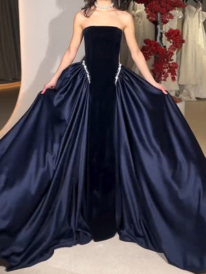 A-line Straight Beading Sweep Train Satin Corset Prom Dress