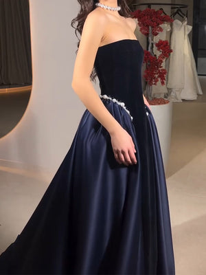 A-line Straight Beading Sweep Train Satin Corset Prom Dress