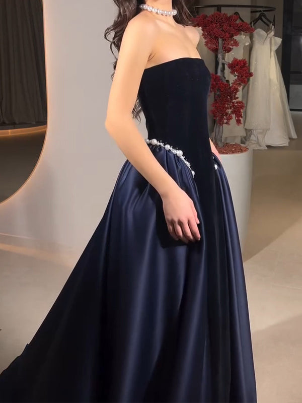 A-line Straight Beading Sweep Train Satin Corset Prom Dress