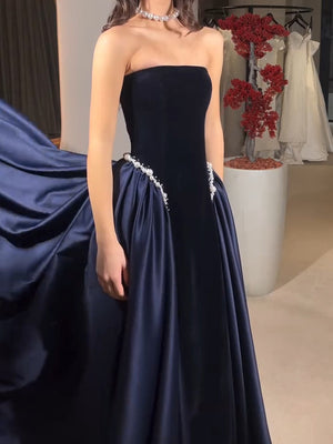 A-line Straight Beading Sweep Train Satin Corset Prom Dress