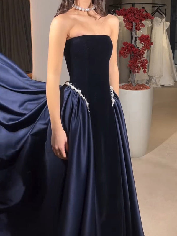 A-line Straight Beading Sweep Train Satin Corset Prom Dress