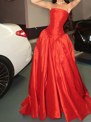 A-line Straight Pleated Sweep Train Corset Prom Dress