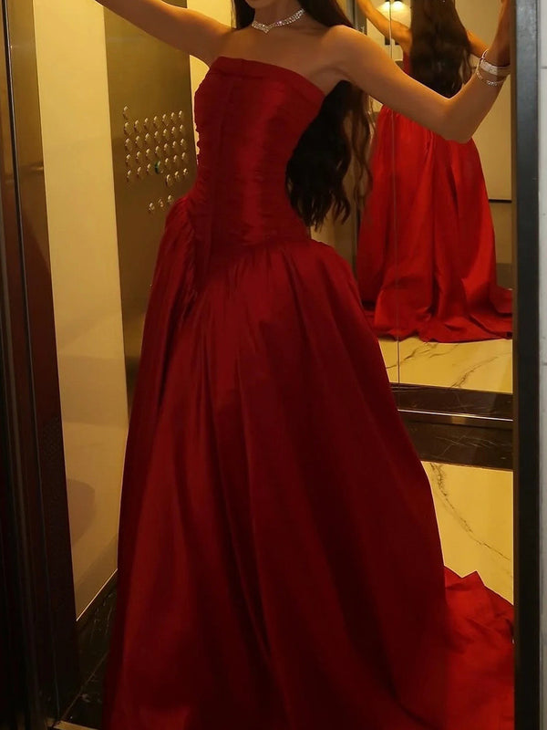 A-line Straight Pleated Sweep Train Corset Prom Dress
