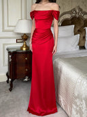 Sheath Off-the-Shoulder Pleated Floor-Length Silk Like Satin Corset Prom Dress