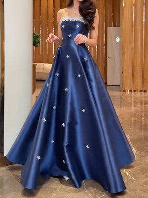 A-line Straight Rhinestone Floor-Length Satin Corset Prom Dress