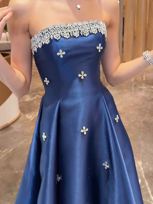 A-line Straight Rhinestone Floor-Length Satin Corset Prom Dress