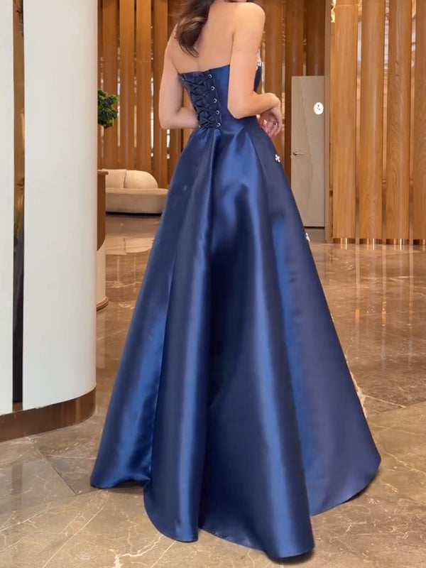 A-line Straight Rhinestone Floor-Length Satin Corset Prom Dress