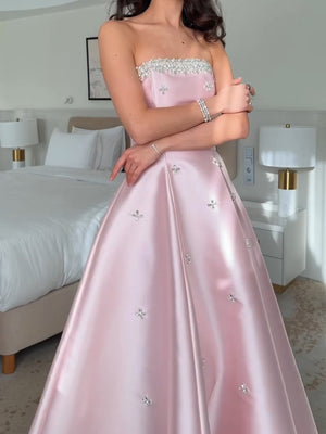 A-line Straight Rhinestone Floor-Length Satin Corset Prom Dress