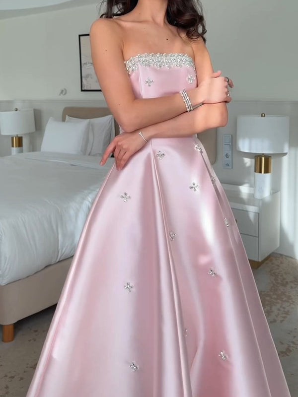A-line Straight Rhinestone Floor-Length Satin Corset Prom Dress