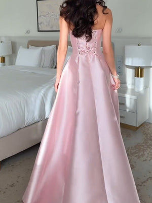 A-line Straight Rhinestone Floor-Length Satin Corset Prom Dress