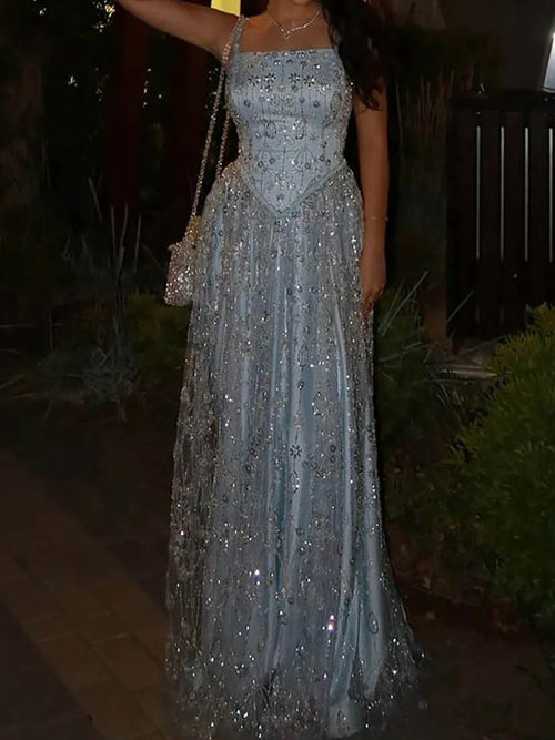 A-line Square Beading Floor-Length Corset Prom Dress