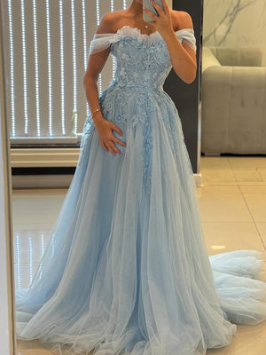 A-line Off-the-Shoulder Appliques Lace Sweep Train Tulle Corset Prom Dress