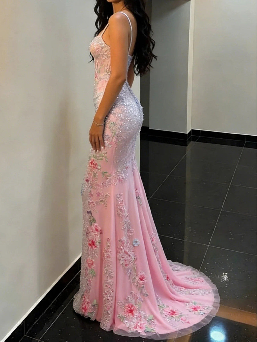 Sheath Spaghetti Straps Sequin Sweep Train Sequins Corset Prom Dress