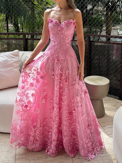 A-line Sweetheart Flower Floor-Length Tulle Corset Prom Dress