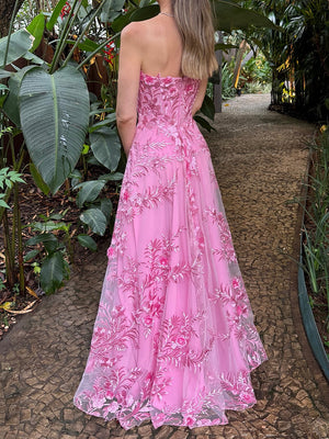 A-line Sweetheart Flower Floor-Length Tulle Corset Prom Dress