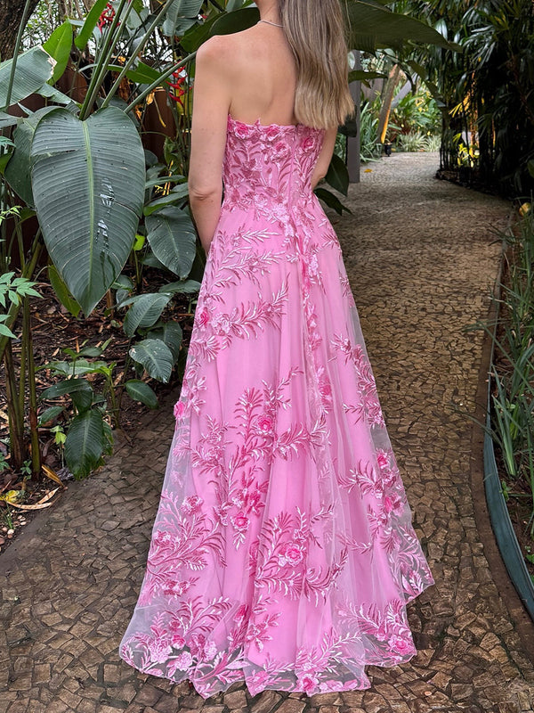 A-line Sweetheart Flower Floor-Length Tulle Corset Prom Dress