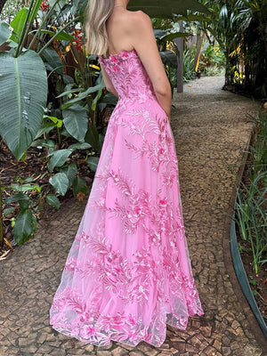 A-line Sweetheart Flower Floor-Length Tulle Corset Prom Dress