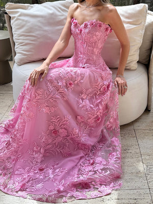 A-line Sweetheart Flower Floor-Length Tulle Corset Prom Dress