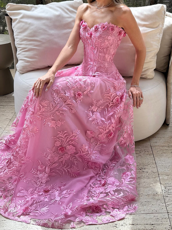 A-line Sweetheart Flower Floor-Length Tulle Corset Prom Dress