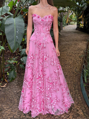 A-line Sweetheart Flower Floor-Length Tulle Corset Prom Dress