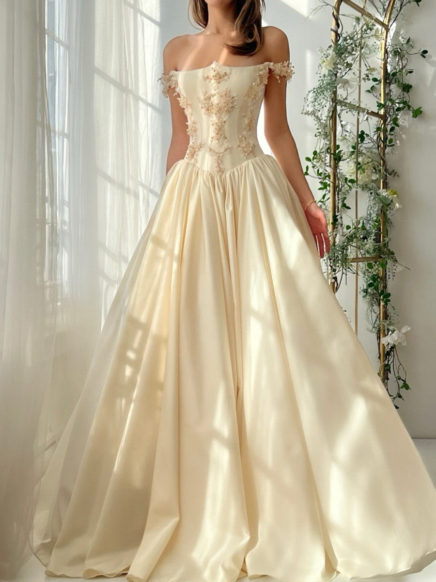 A-line Off-the-Shoulder Flower Floor-Length Satin Corset Prom Dress