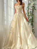 A-line Off-the-Shoulder Flower Floor-Length Satin Corset Prom Dress