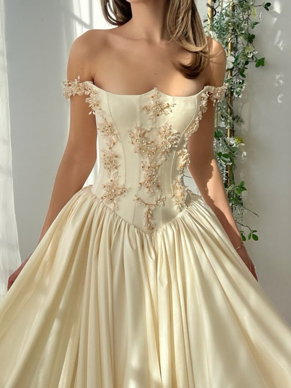 A-line Off-the-Shoulder Flower Floor-Length Satin Corset Prom Dress