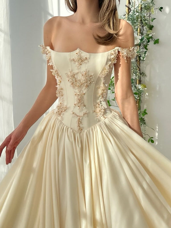 A-line Off-the-Shoulder Flower Floor-Length Satin Corset Prom Dress