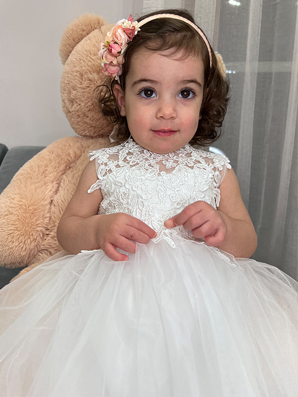 A-line Scoop Lace Knee-Length Tulle Flower Girl Dress