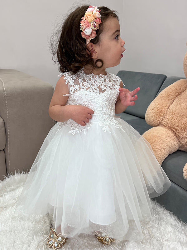 A-line Scoop Lace Knee-Length Tulle Flower Girl Dress