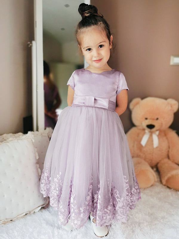 A-line Scoop Short Sleeves Applique Ankle-Length Tulle Flower Girl Dress