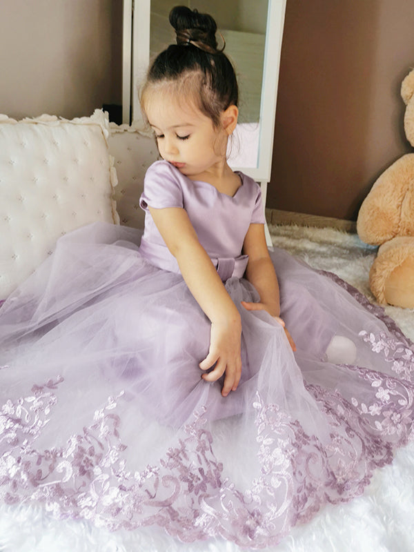 A-line Scoop Short Sleeves Applique Ankle-Length Tulle Flower Girl Dress