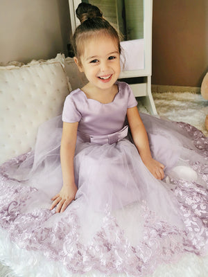 A-line Scoop Short Sleeves Applique Ankle-Length Tulle Flower Girl Dress
