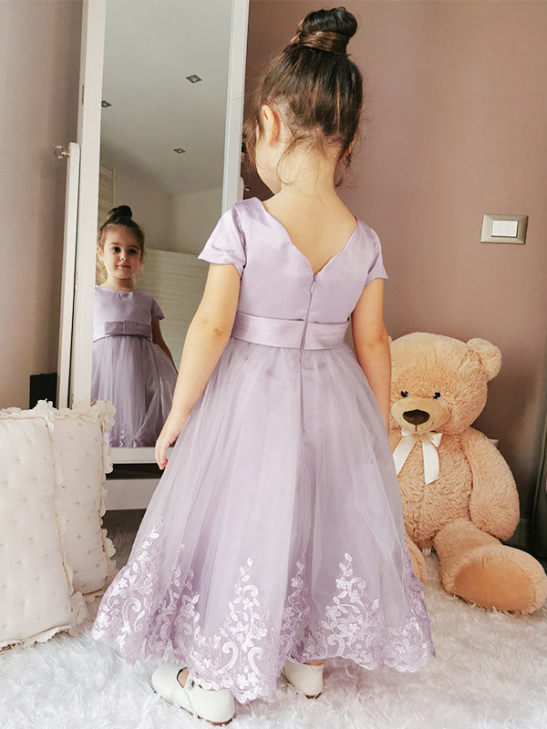 A-line Scoop Short Sleeves Applique Ankle-Length Tulle Flower Girl Dress