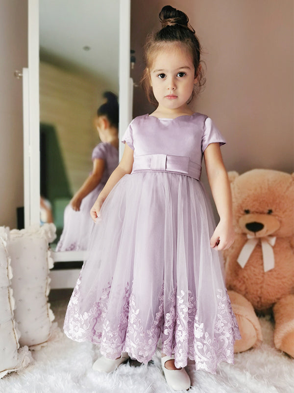 A-line Scoop Short Sleeves Applique Ankle-Length Tulle Flower Girl Dress