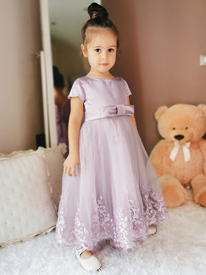 A-line Scoop Short Sleeves Applique Ankle-Length Tulle Flower Girl Dress