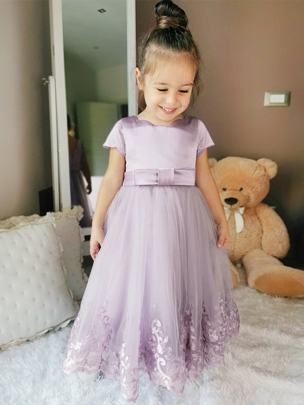 A-line Scoop Short Sleeves Applique Ankle-Length Tulle Flower Girl Dress