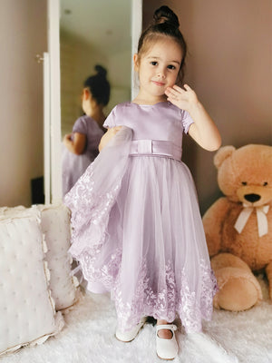 A-line Scoop Short Sleeves Applique Ankle-Length Tulle Flower Girl Dress