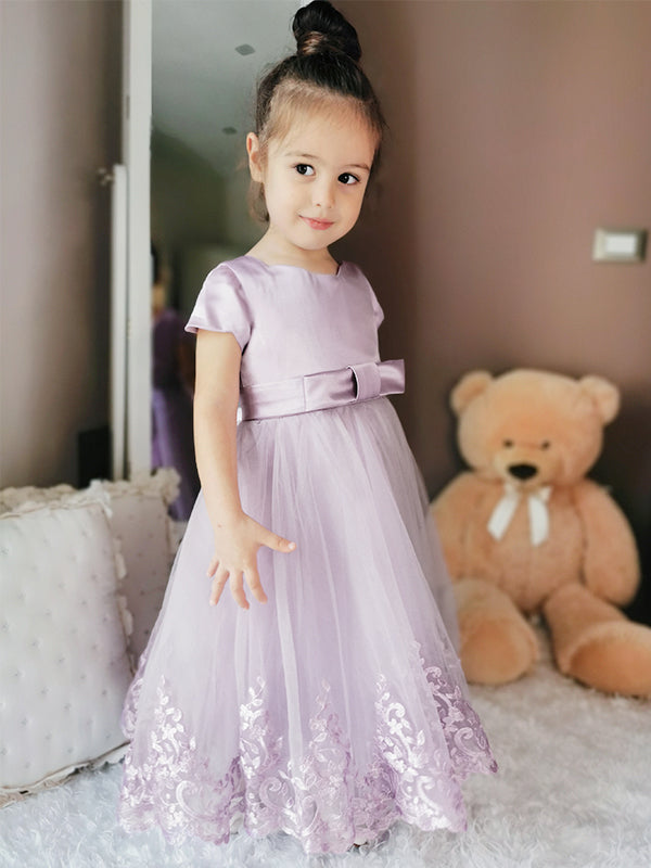 A-line Scoop Short Sleeves Applique Ankle-Length Tulle Flower Girl Dress