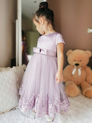 A-line Scoop Short Sleeves Applique Ankle-Length Tulle Flower Girl Dress