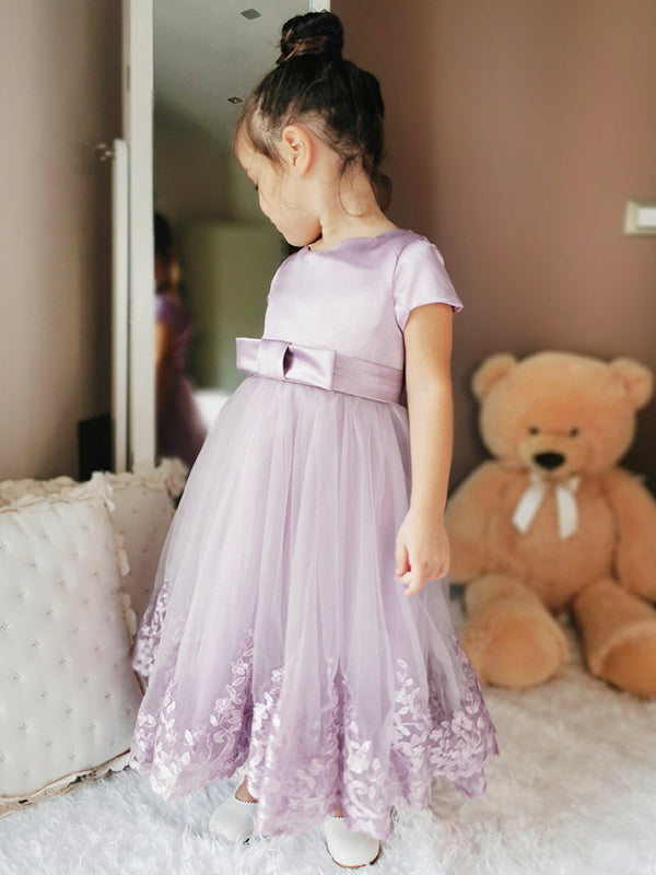A-line Scoop Short Sleeves Applique Ankle-Length Tulle Flower Girl Dress